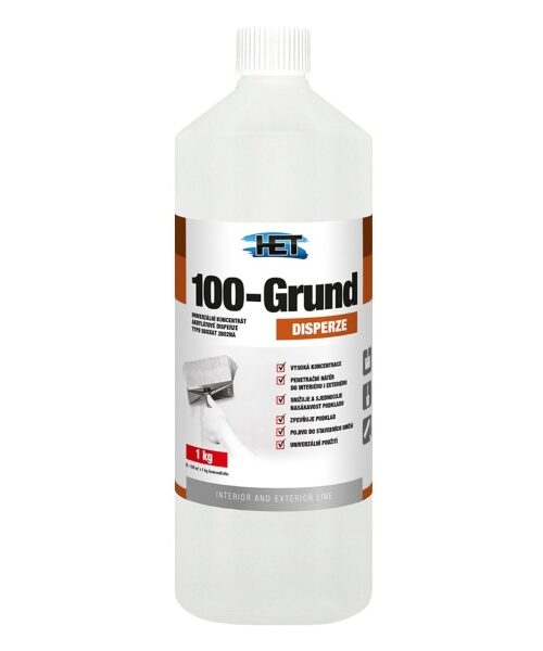 100 Grund je hĺbková penetrácia na vnútorné a vonkajšie použitie. Môže sa riediť v pomere až 1:12. Vhodná na povrchy, ako stena, sadrokartón, betón, omietka, fasáda, aj do stavebných zmesí.