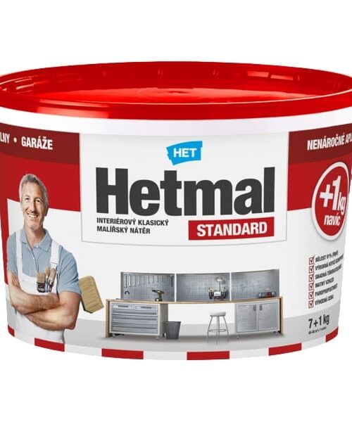 HET Hetmal Standard je klasický, tekutý, biely interiérový maliarsky náter, paropriepustný, s vysokou krycou schopnosťou a roztierateľnosťou.