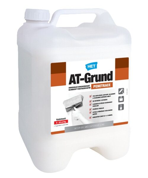 HET AT-Grund je univerzálny koncentrovaný hĺbkový penetračný náter. Penetračný prípravok na napúšťanie omietok a ďalších veľmi nasiakavých stavebných podkladov. Základný náter pred aplikáciou akrylátových, vinylových, silikónových, latexových interiérových aj fasádnych farieb, akrylátových tmelov a lepidiel na minerálne podklady, predovšetkým na vápennocementové omietky. Výrobok je modifikovaný polysiloxanom.