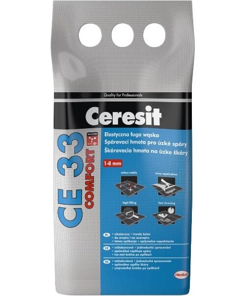 Škárovacia hmota Ceresit CE33 je vodeodolná, flexibilná škárovacia hmota na škárovanie keramických obkladov a dlažieb, vrátane gresovej, na škáry so šírkou do 8 mm.