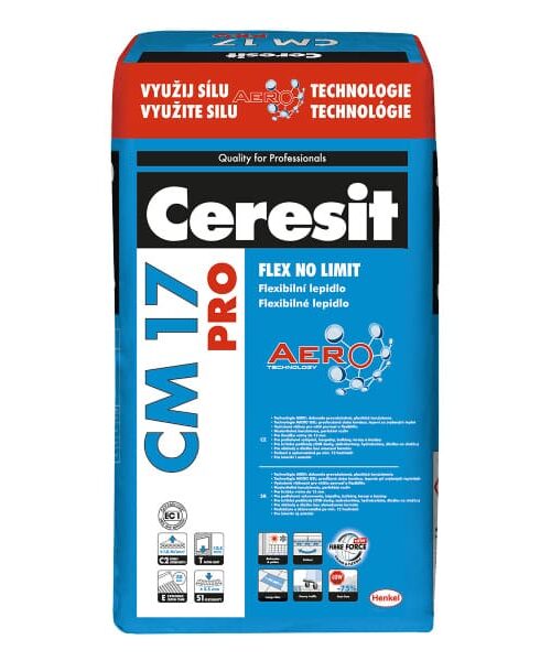 Lepidlo na obklady Ceresit CM17 je vysoko flexibilné cementové lepidlo S1 s technológiou AERO. Je určené na lepenie obkladov a dlažby z keramiky, dosiek z betónu a prírodného kameňa ako mramor, granit, travertín, dosky zo svetlého vápenca a iných druhov hrubozrnného kameňa nenáchylného na prefarbenie na stabilných aj kritických podkladoch. Lepidlo sa ľahko spracováva, počas nanášania má krémovú konzistenciu, vyznačuje sa vysokou priľnavosťou, veľmi dobrým a ľahkým rozlivom. 