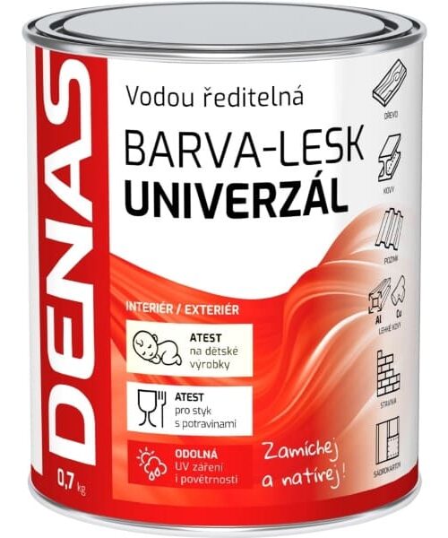 Denas Univerzál lesk- vodou riediteľná lesklá farba pre interiér aj exteriér. Vhodná aj na detské hračky, predmety v styku s potravinami a pitnou vodou.