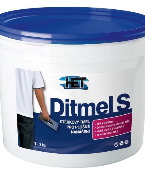 Ditmel S je stierkový tmel ideálny na plošné vyrovnávanie nerovností povrchu stien v interiéri. Tixotropný, paropriepustný, brúsiteľný. Použiteľný na omietku, murivo, panely, sadrokartón.