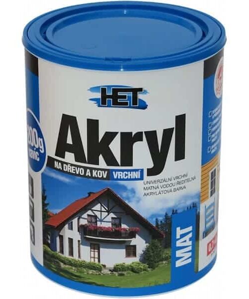 HET Akryl mat vodou riediteľná rýchloschnúca farba s vysokou odolnosťou na vnútorné aj vonkajšie použitie- drevo, kov, betón aj detský nábytok.
