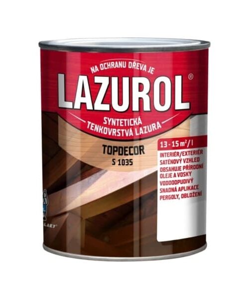 Lazurol Topdecor S1035 je tenkovrstvá syntetická lazúra zo zmesou voskov a olejov na drevo S1035. Je určený k ochranným lazúrovacím náterom mäkkého a tvrdého dreva.