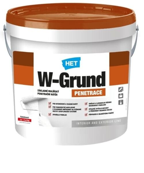 HET W-Grund základný penetračný náter je tónovateľný základný maliarsky náter do interiéru s vysokou krycou schopnosťou.